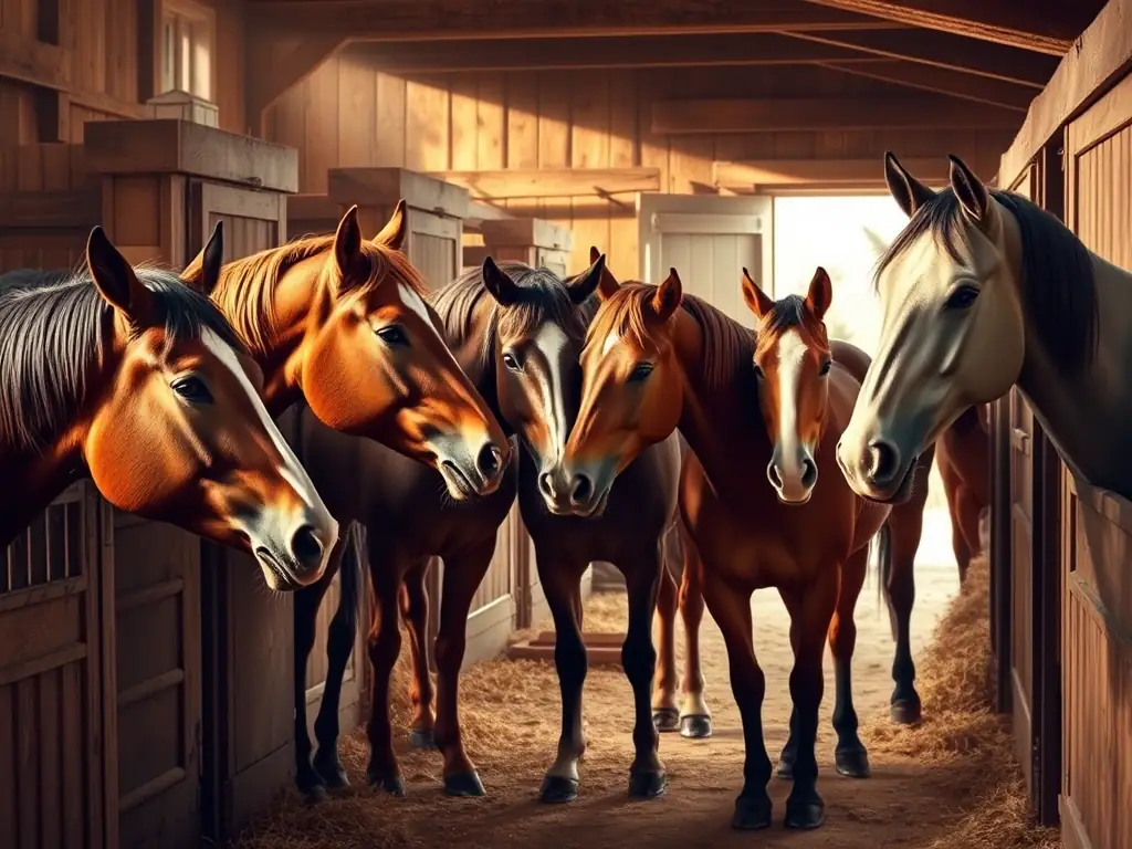 A candid shot of horses in their stables, interacting naturally, capturing the essence of daily life and camaraderie.