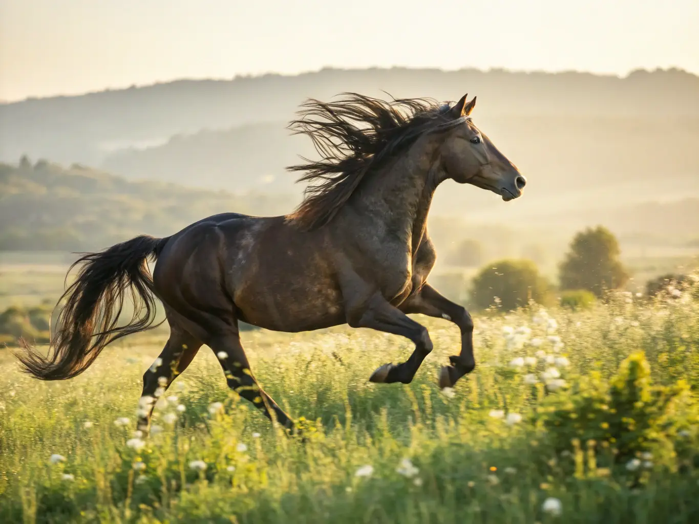 A beautifully lit portrait of a horse standing in a lush field, showcasing the horse's expressive eyes and shiny coat.