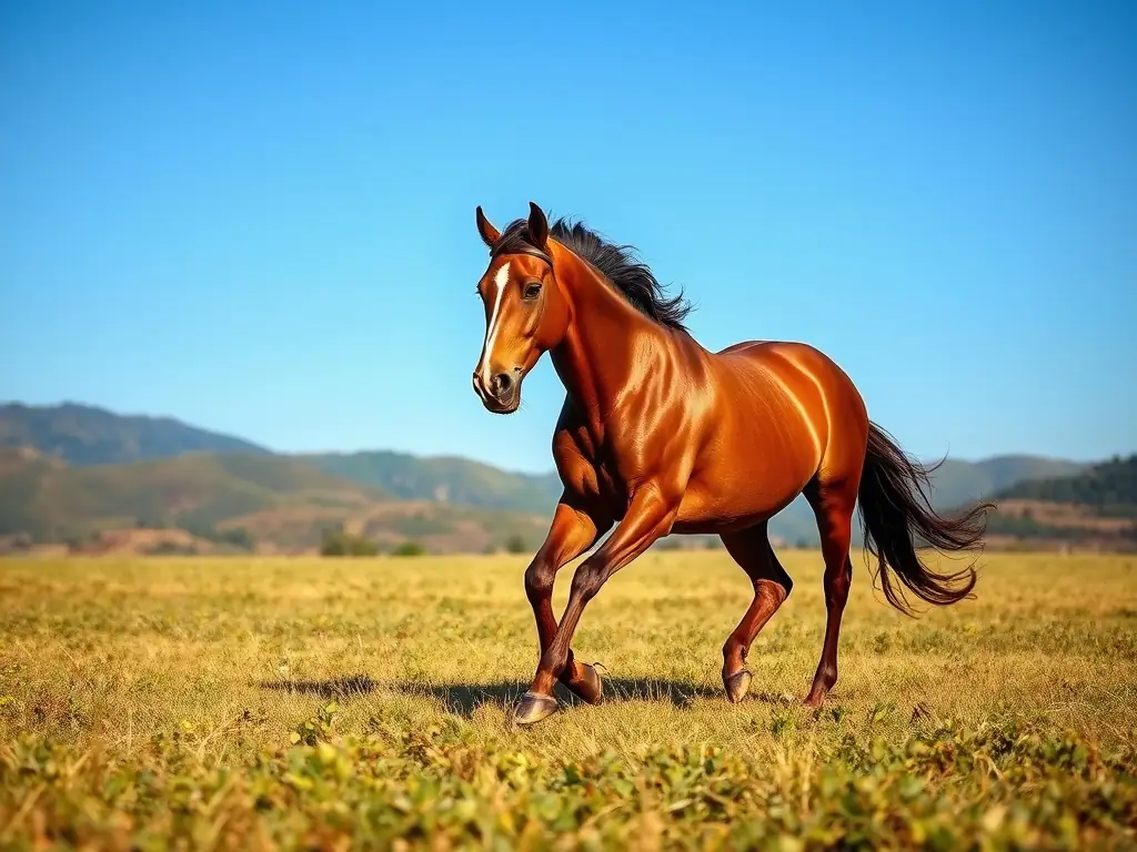 A majestic horse standing in a lush green field, bathed in golden sunlight, creating a serene and timeless portrait.